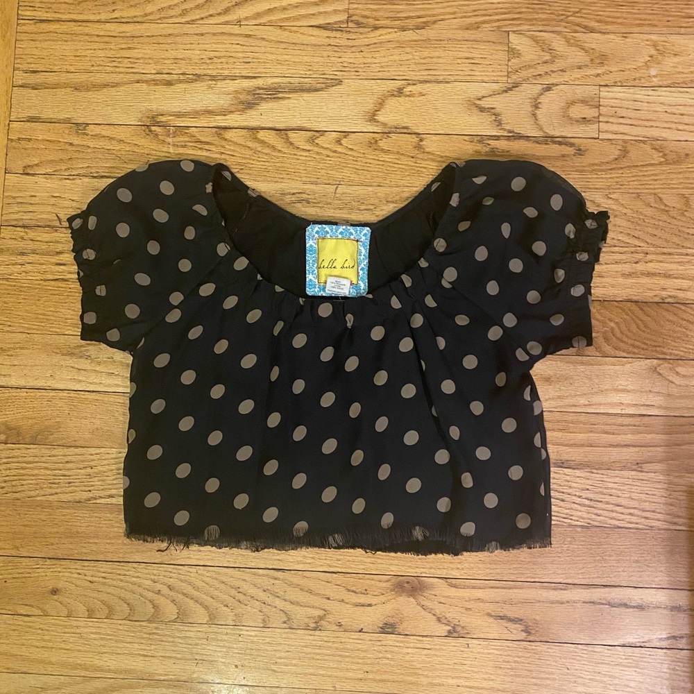 belle bird black regency cropped blouse w/ puff sleeves and distressed hem